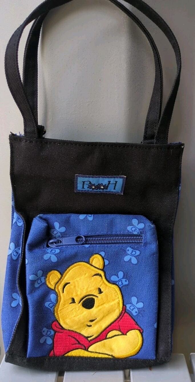 Vtg Disney Winnie Pooh Mini Bag Small Purse Blue Black Embroidered Zipper Pouch